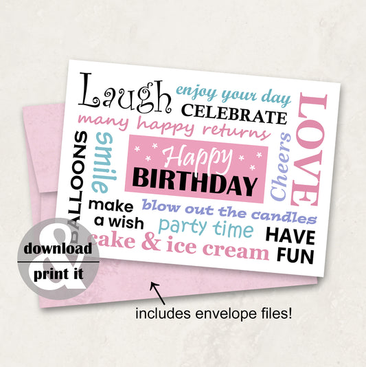 Printable Birthday Card in Pink, Instant Download with Envelope Files