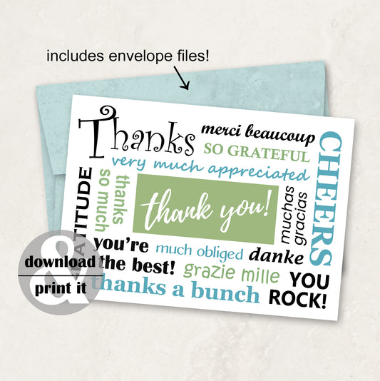 Printable Thank You Card Instant Download with Envelope Files
