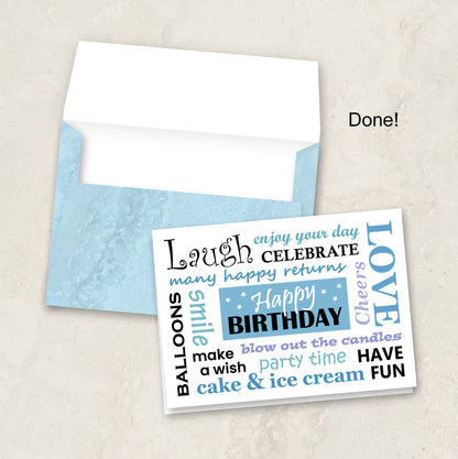 Printable Birthday Card in Blue, Instant Download with Envelope Files