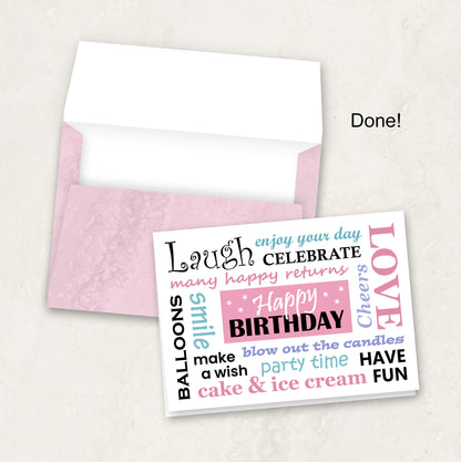 Printable Birthday Card in Pink, Instant Download with Envelope Files