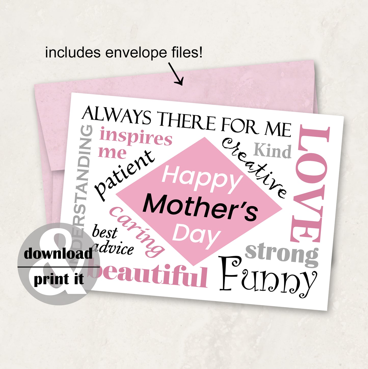 Printable Mother's Day Card Instant Download with Envelope Files