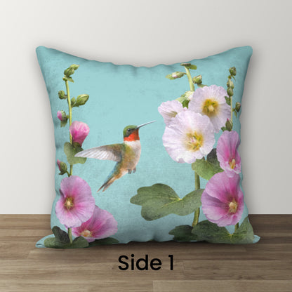 Hummingbirds & Hollyhocks Designer Pillow, 18"x18"