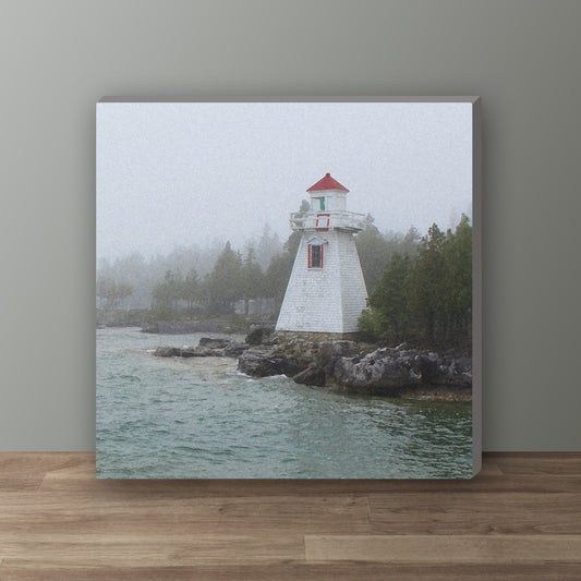 Lighthouse in Fog Wrapped Canvas Print