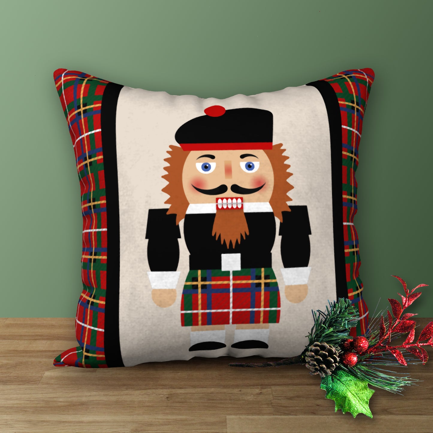 Nutcracker Scottish Highlander Designer Holiday Pillow, 18"x18"