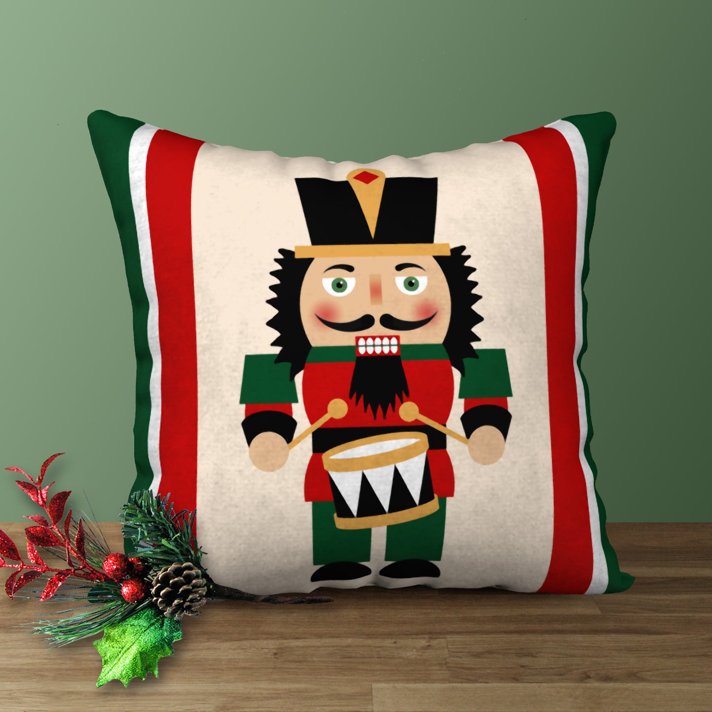 Nutcracker Drummer Designer Holiday Pillow, 18"x18"