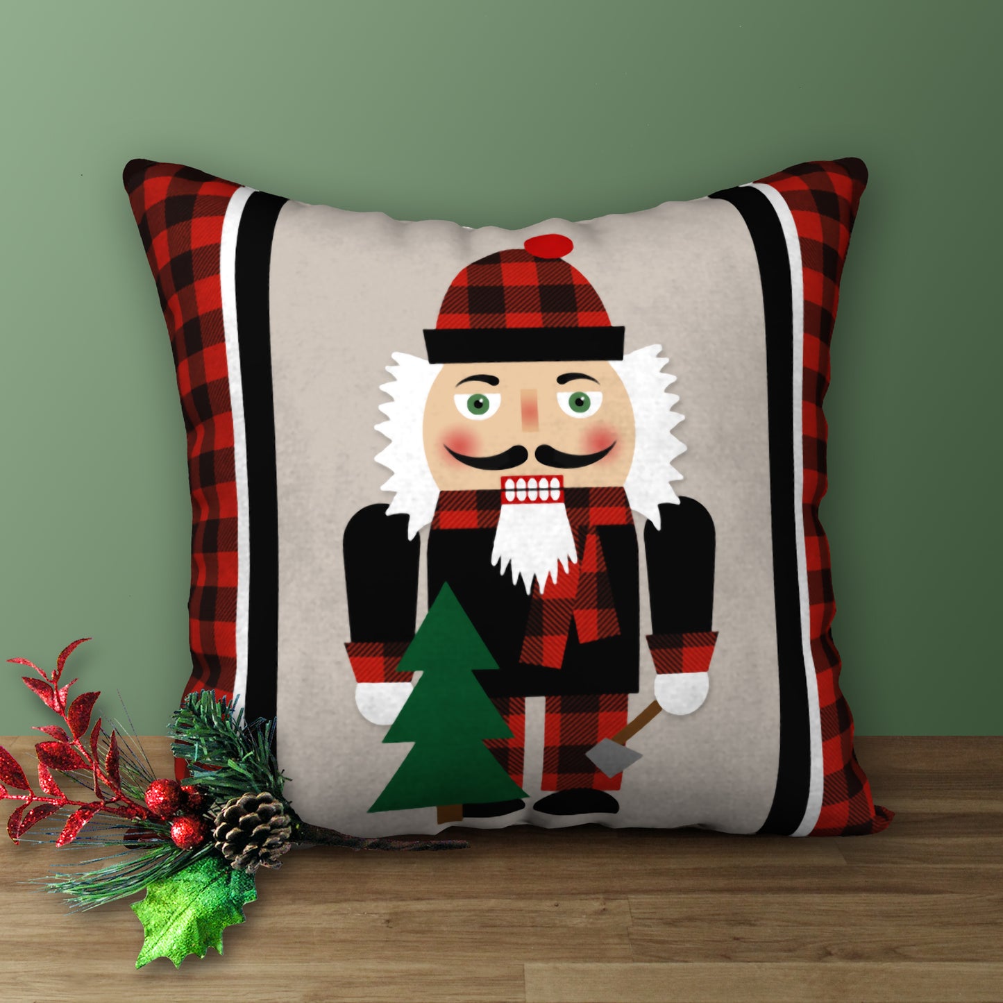 Nutcracker Woodsman Designer Holiday Pillow, 18"x18"