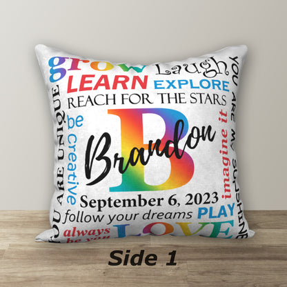 Personalized Primary Rainbow NAME & BIRTHDAY Pillow, 18"x18"