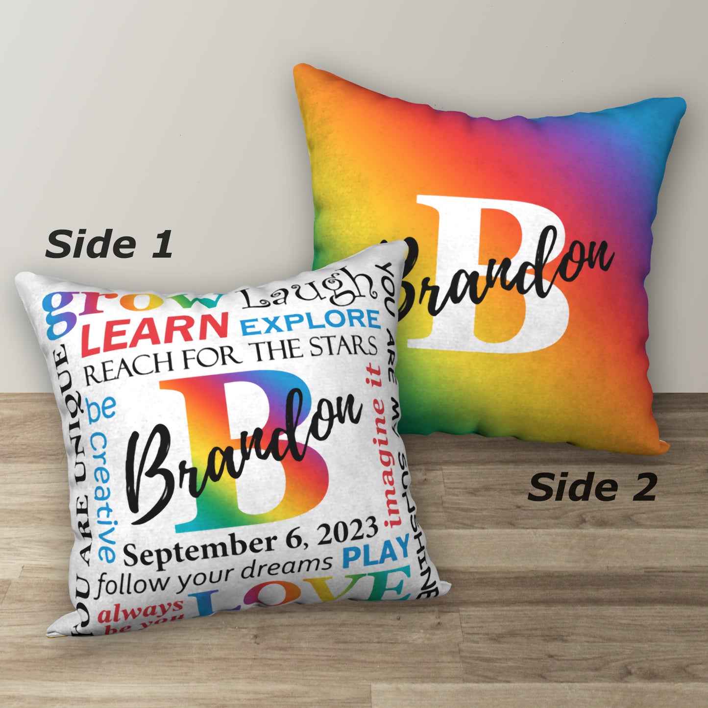 Personalized Primary Rainbow NAME & BIRTHDAY Pillow, 18"x18"