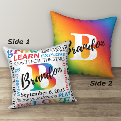 Personalized Primary Rainbow NAME & BIRTHDAY Pillow, 18"x18"