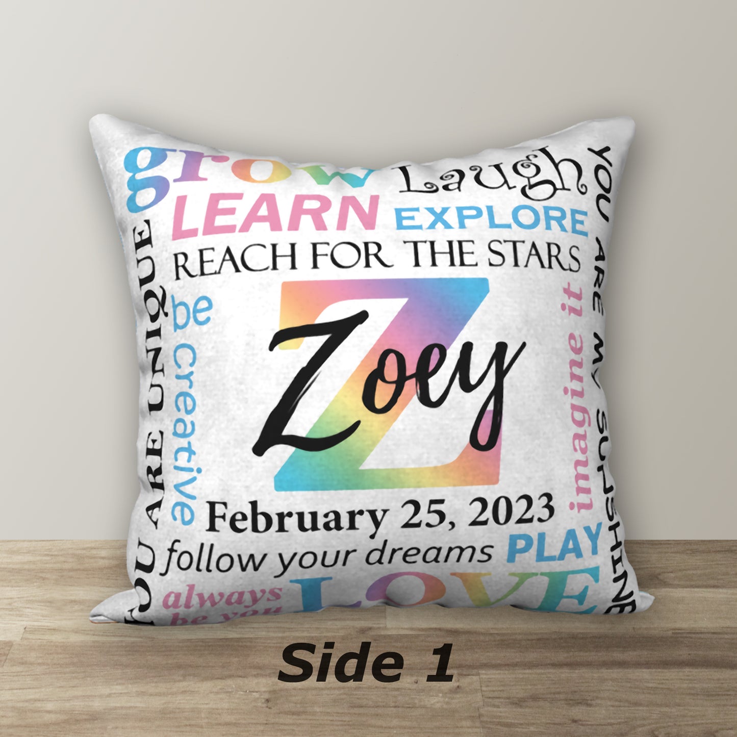 Personalized Pastel Rainbow NAME & BIRTHDAY Pillow, 18"x18"