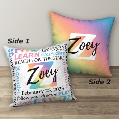 Personalized Pastel Rainbow NAME & BIRTHDAY Pillow, 18"x18"