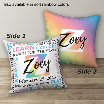 Personalized Primary Rainbow NAME & BIRTHDAY Pillow, 18"x18"