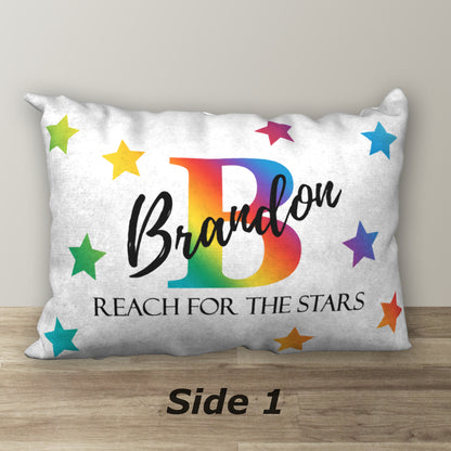 Personalized Primary Rainbow Name Pillow REACH FOR THE STARS, 20"x14"