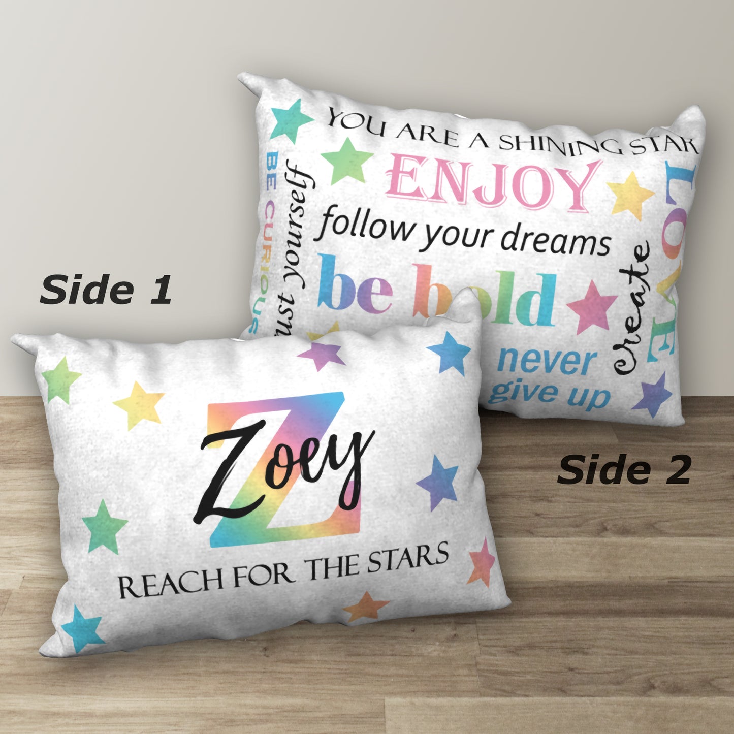 Personalized Pastel Rainbow REACH FOR THE STARS Name Pillow, 20"x14"