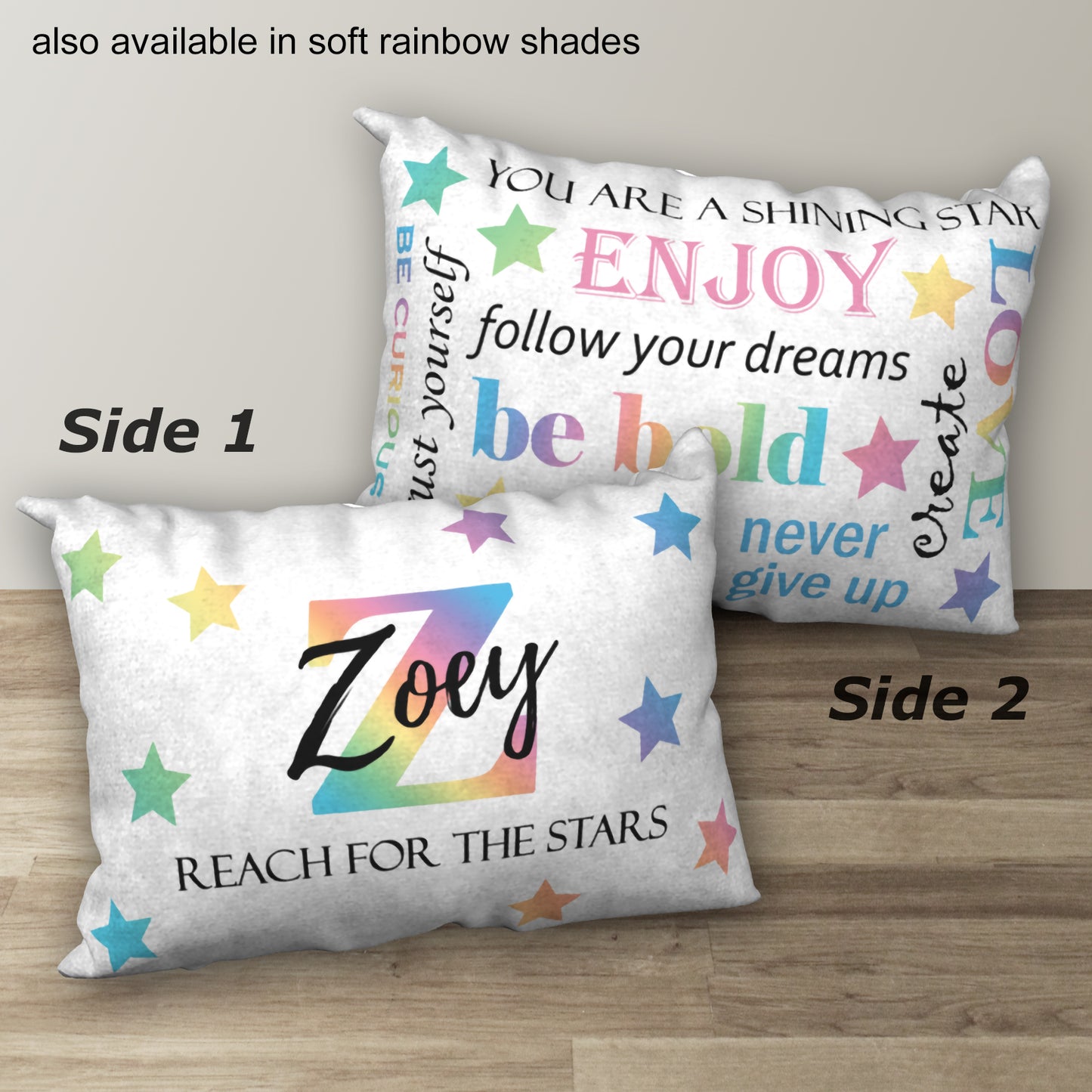 Personalized Primary Rainbow Name Pillow REACH FOR THE STARS, 20"x14"