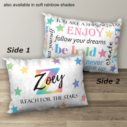 Personalized Primary Rainbow Name Pillow REACH FOR THE STARS, 20"x14"