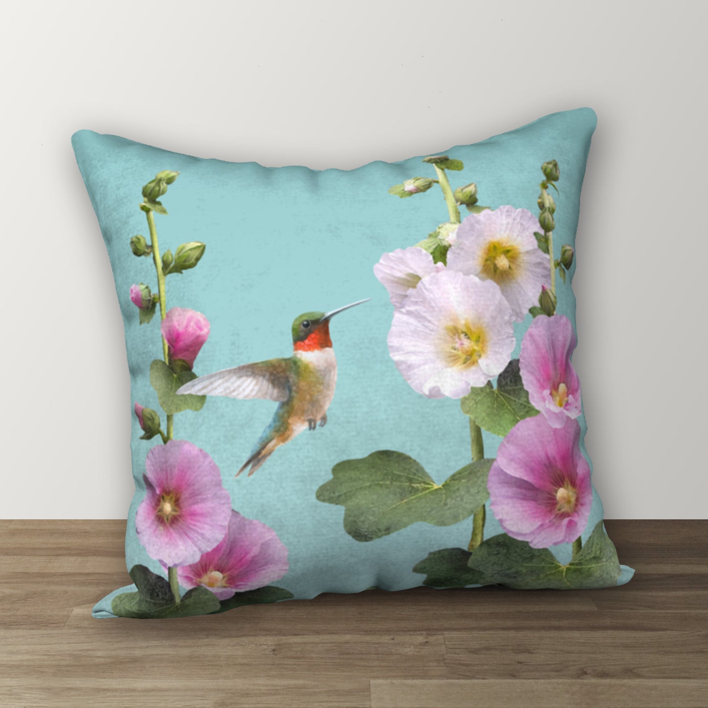 Hummingbirds & Hollyhocks Designer Pillow, 18"x18"