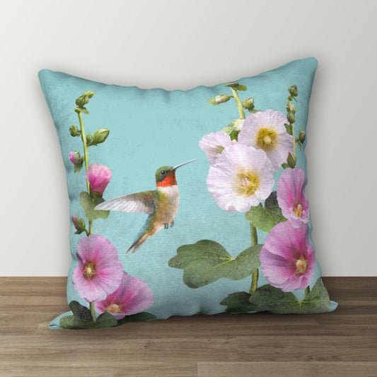 Hummingbirds & Hollyhocks Designer Pillow, 18"x18"