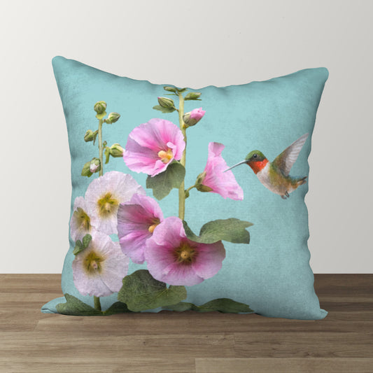 Hummingbirds & Hollyhocks Designer Pillow, 18"x18"