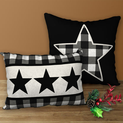Set of 2 Black & White Buffalo Plaid with Stars Designer Pillows