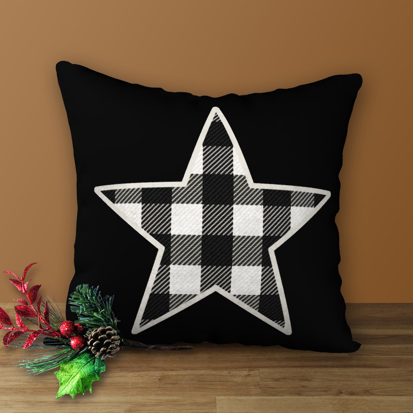 Black & White Buffalo Plaid Star Designer Pillow