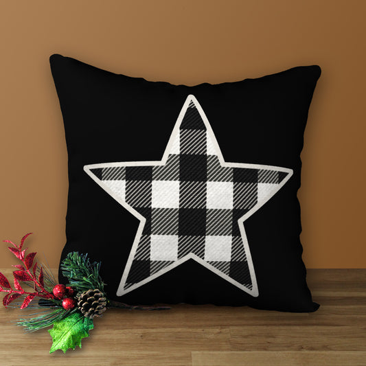 Black & White Buffalo Plaid Star Designer Pillow