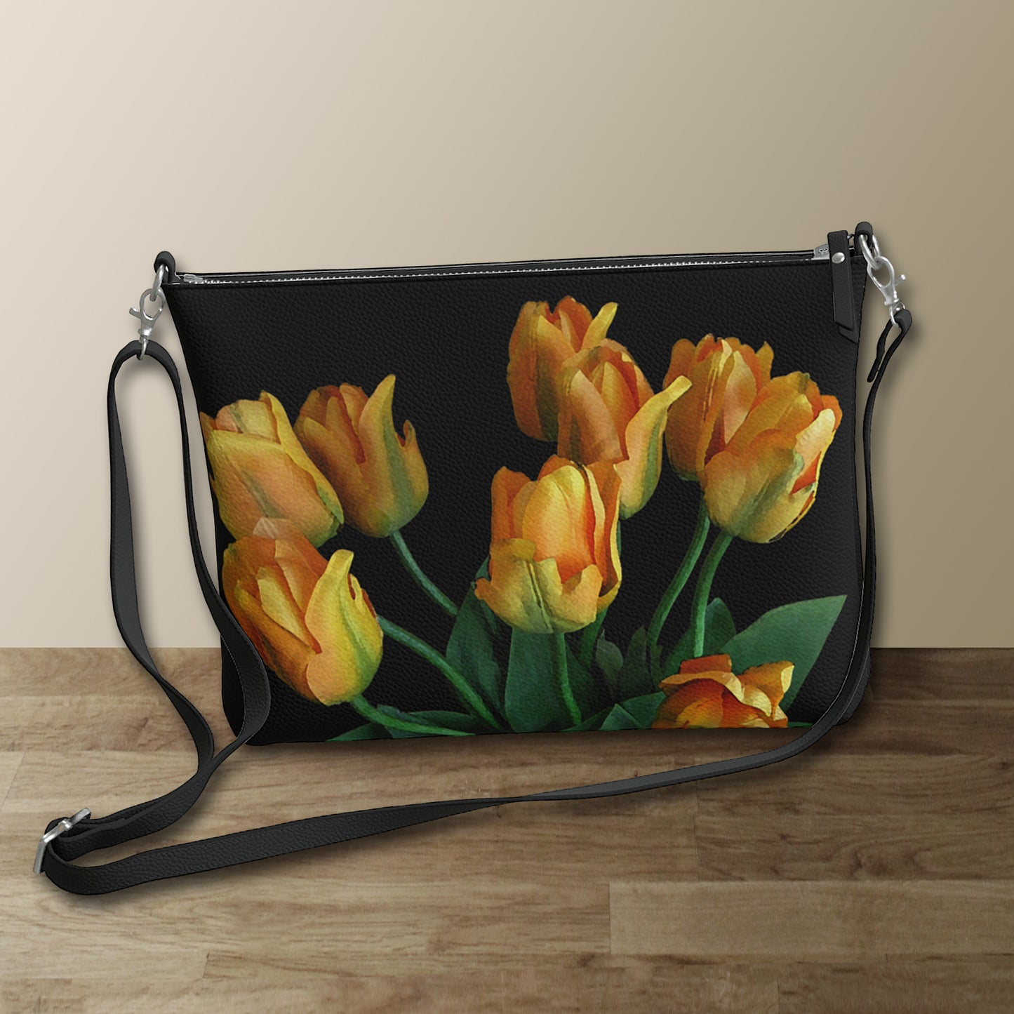 Tulips on Black Crossbody Bag