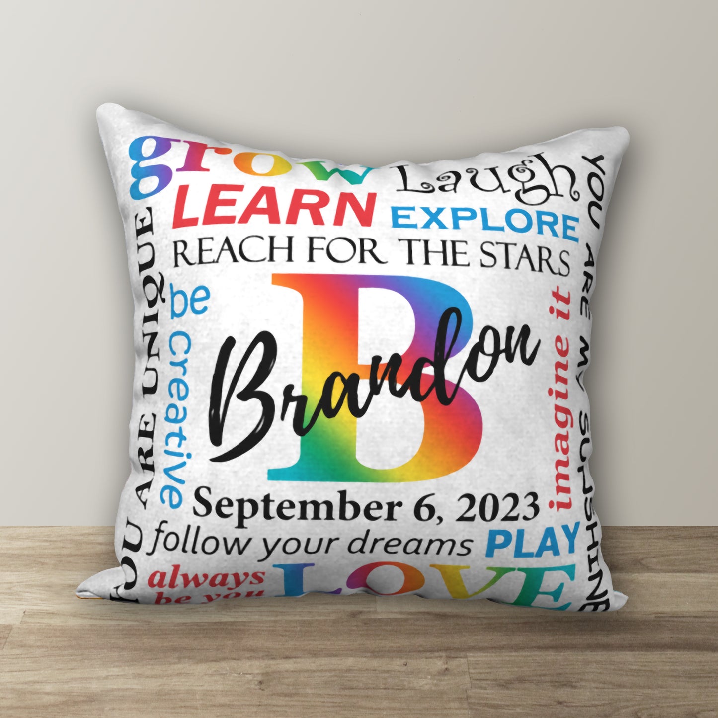 Personalized Primary Rainbow NAME & BIRTHDAY Pillow, 18"x18"