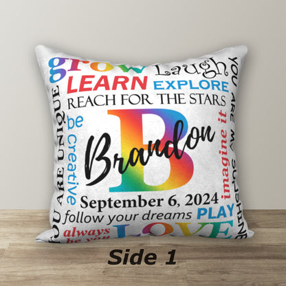 Personalized Primary Rainbow NAME & BIRTHDAY Pillow, 18"x18"