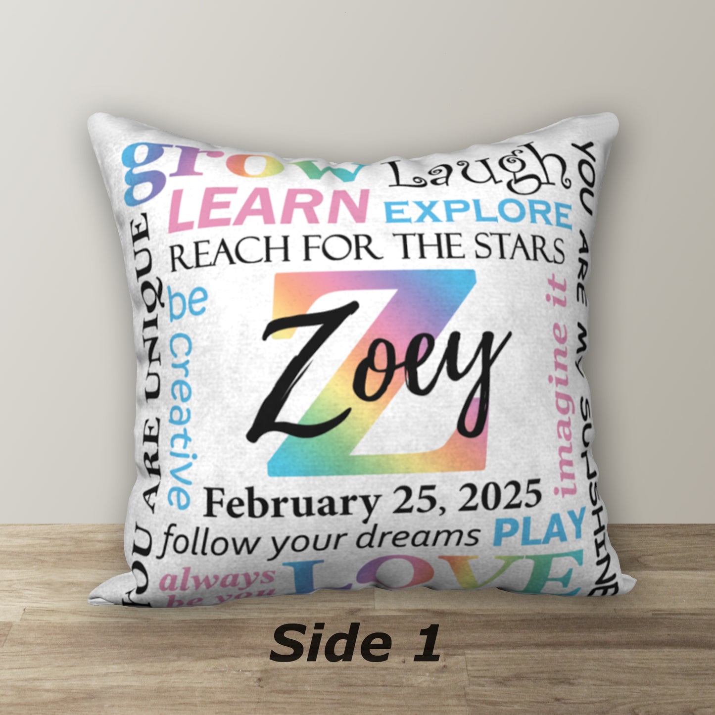 Personalized Pastel Rainbow NAME & BIRTHDAY Pillow, 18"x18"