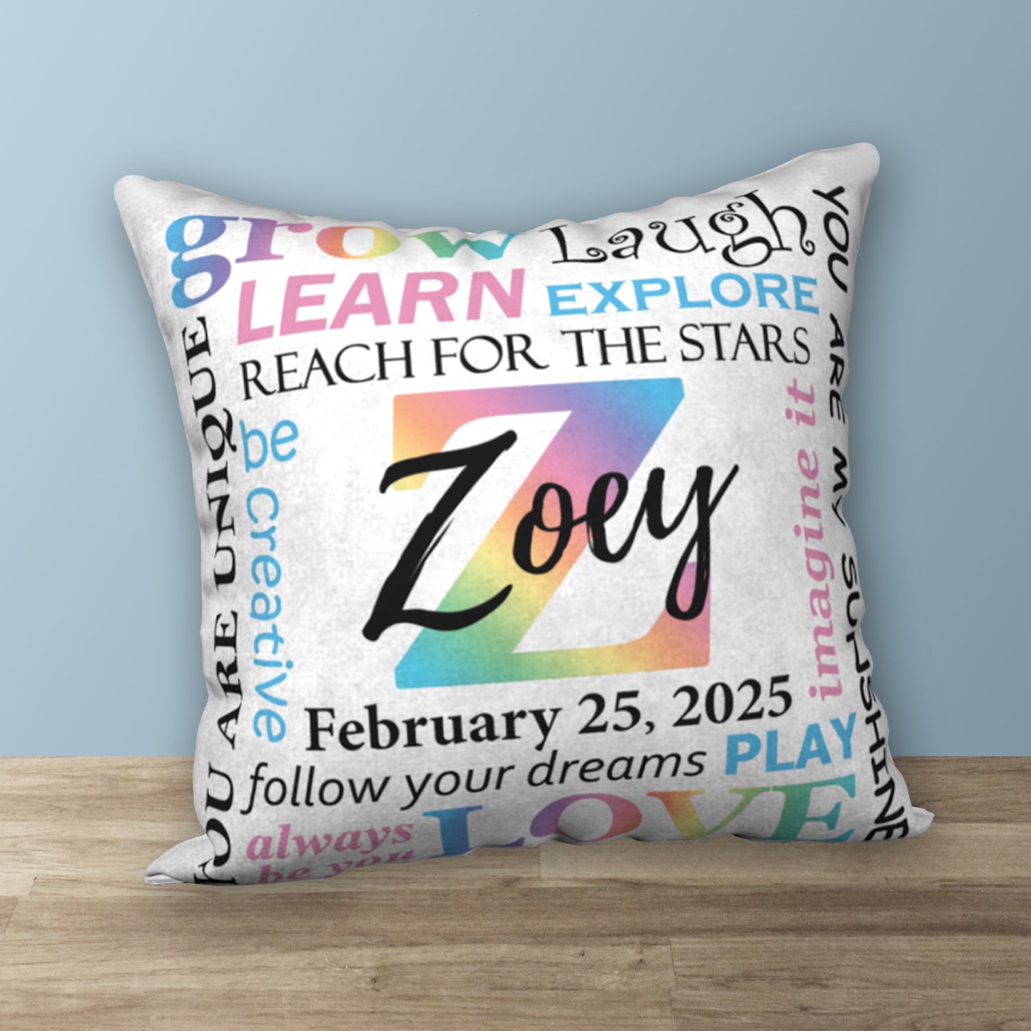 Personalized Pastel Rainbow NAME & BIRTHDAY Pillow, 18"x18"