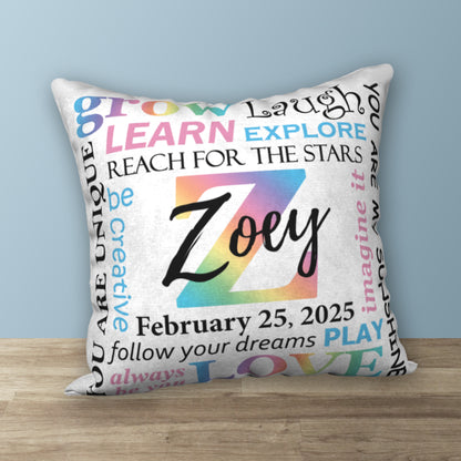 Personalized Pastel Rainbow NAME & BIRTHDAY Pillow, 18"x18"