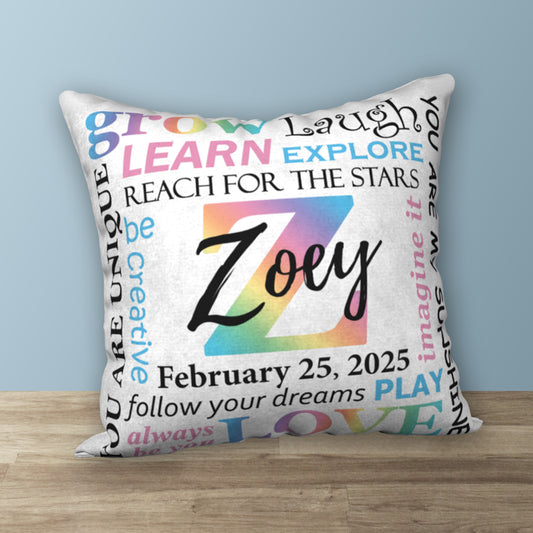 Personalized Pastel Rainbow NAME & BIRTHDAY Pillow, 18"x18"