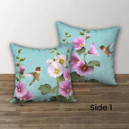 Set of 2 Hummingbird & Hollyhocks Designer Pillows, 18"x18"
