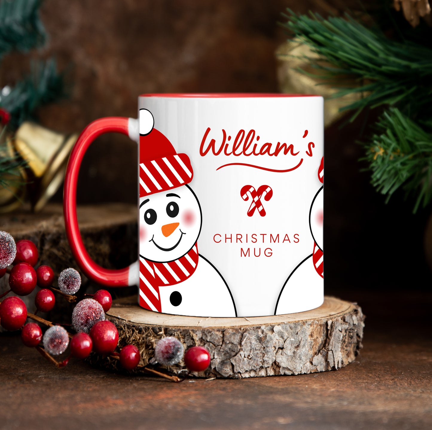 Personalized Red Hat Snowman Christmas Mug