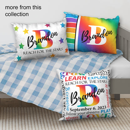 Personalized Primary Rainbow NAME & BIRTHDAY Pillow, 18"x18"