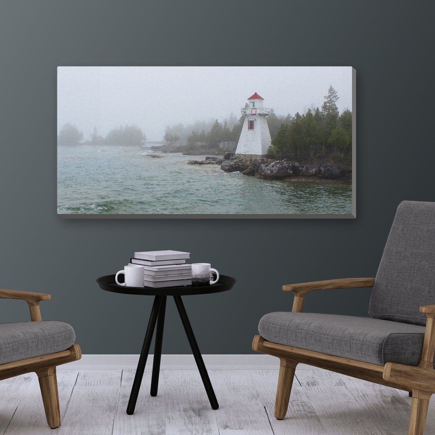 Lighthouse in Fog Panoramic Wrapped Canvas Print