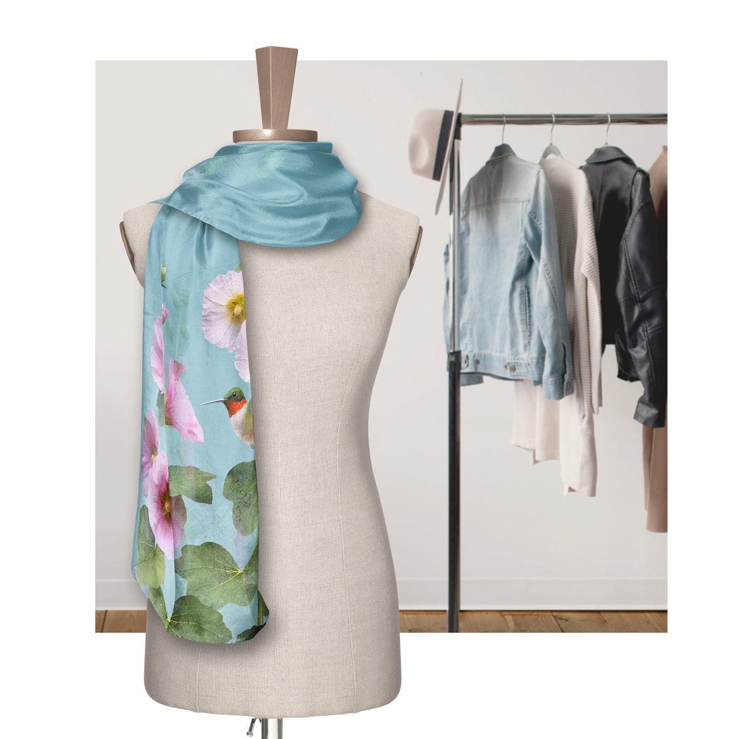 Hummingbirds & Hollyhocks ECO SCARF, 21.5"x55"