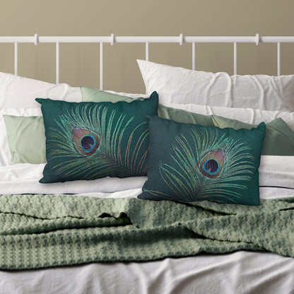 Set of 2 Peacock Feather Designer Pillows, 20"x14"