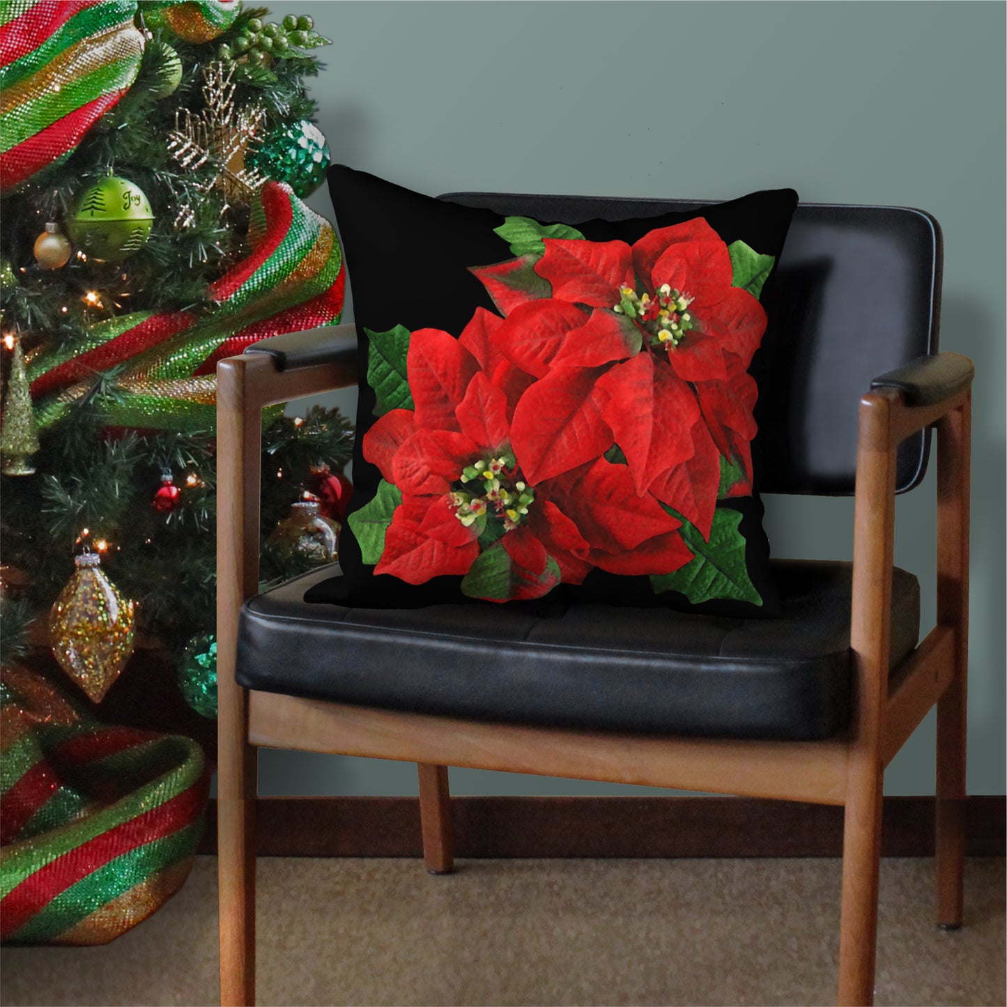 Poinsettia Designer Christmas Pillow, 18"x18"
