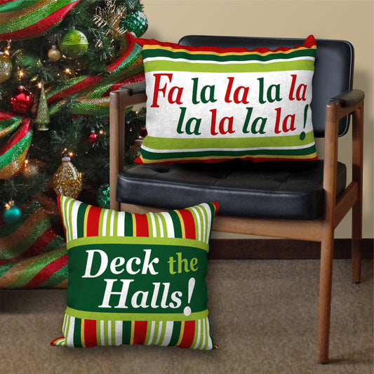 Set of 2 Holiday Designer Pillows DECK THE HALLS (18"x18") and FA LA LA (20"x14")