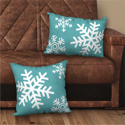 Set of 2 Turquoise Blue & White Snowflake Designer Christmas Pillows, 20"x14" and 18"x18"