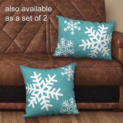 Turquoise Blue & White Snowflakes Designer Christmas Pillow, 18"x18"