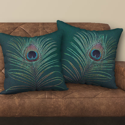 Set of 2 Peacock Feather Designer Pillows, 18"x18"