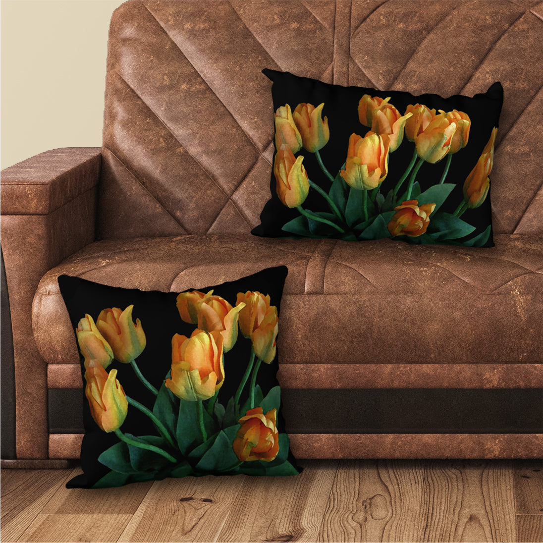 Set of 2 Tulips on Black Designer Pillows, 20"x14" and 18"x18"