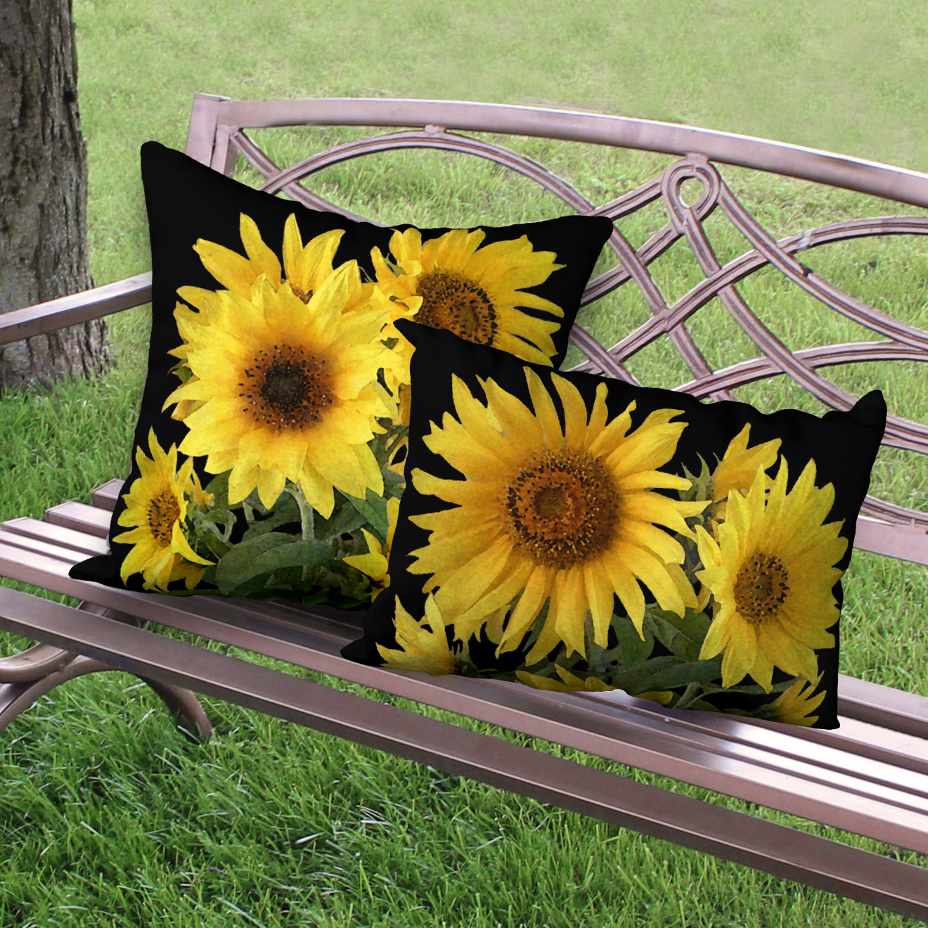 Set of 2 Sunflowers on Black Designer Pillows, 20"x14" and 18"x18"