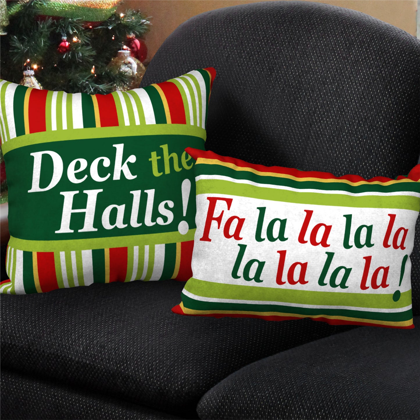 Set of 2 Holiday Designer Pillows DECK THE HALLS (18"x18") and FA LA LA (20"x14")
