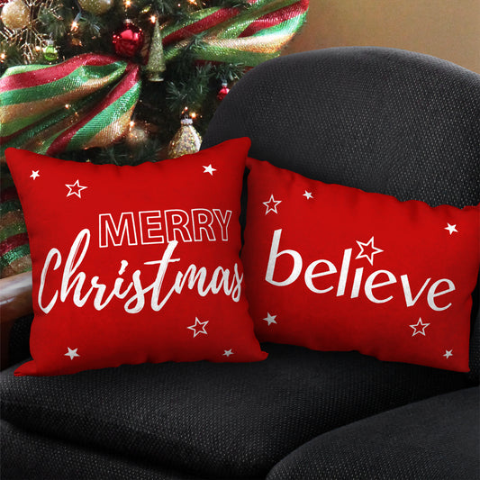 Set of 2 Holiday Designer Pillows BELIEVE and MERRY CHRISTMAS, 20"x14" and 18"x18"