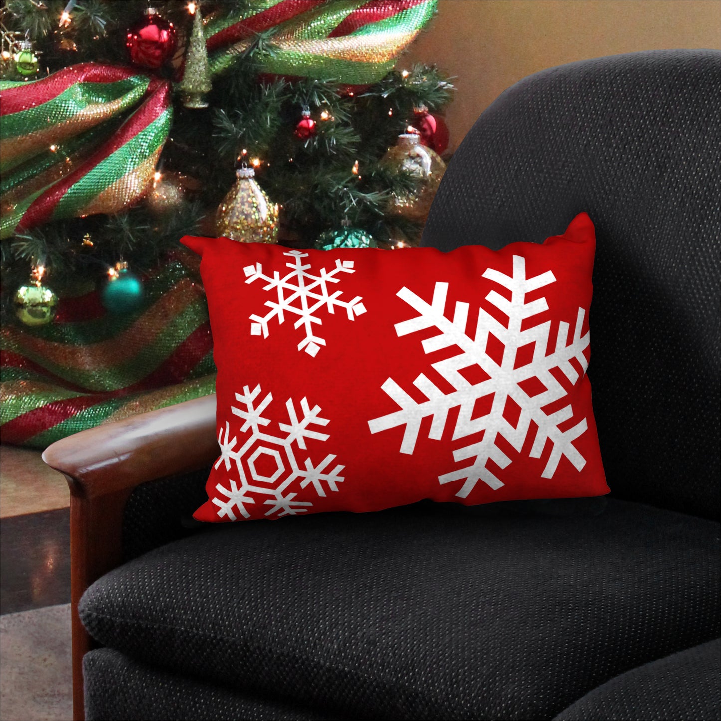 Red & White Snowflakes Designer Christmas Pillow, 20"x14"