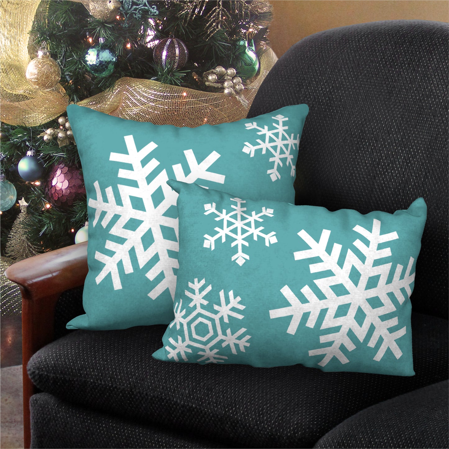 Set of 2 Turquoise Blue & White Snowflake Designer Christmas Pillows, 20"x14" and 18"x18"